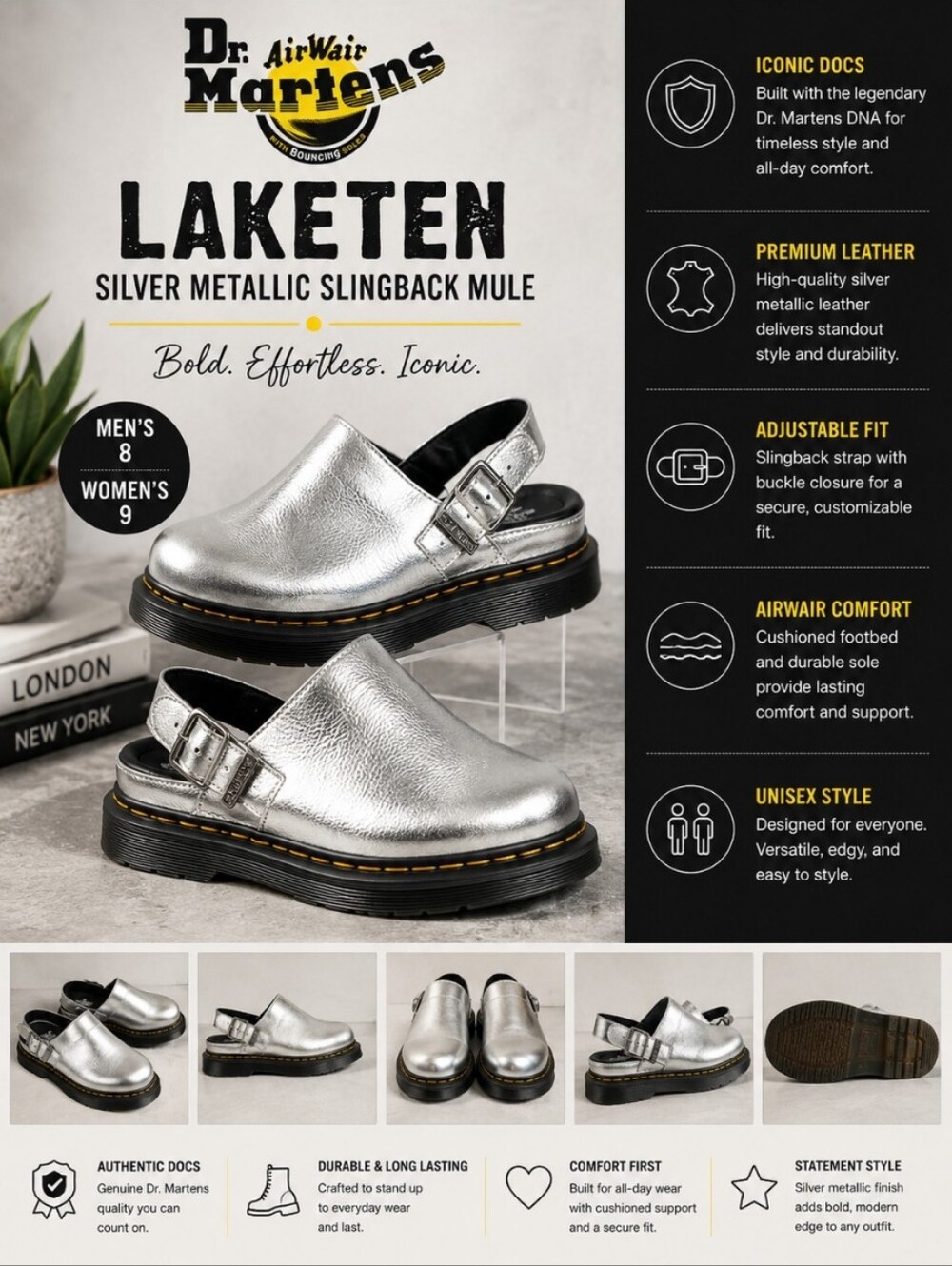 DOC MARTENS Dr. Martens Laketen Silver Metallic Slingback Mule Mens 8 Womens  9